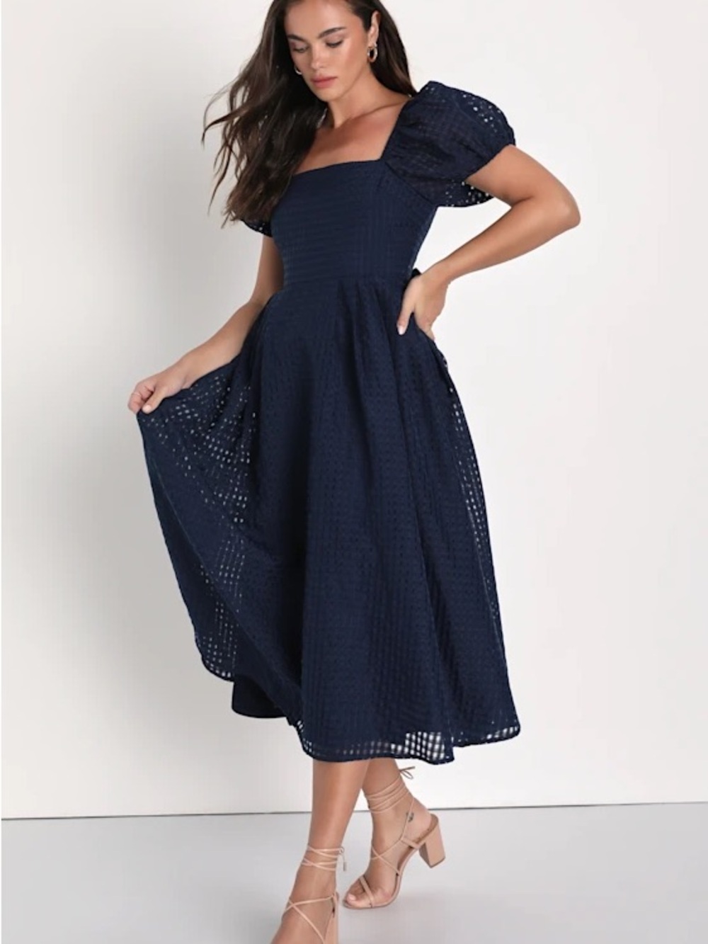 Square Neck Puff Sleeve Midi Dress - Navy